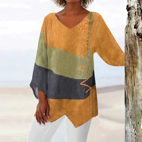 Eladie - T-shirt tricolore stylé pour femme, coupe décontractée