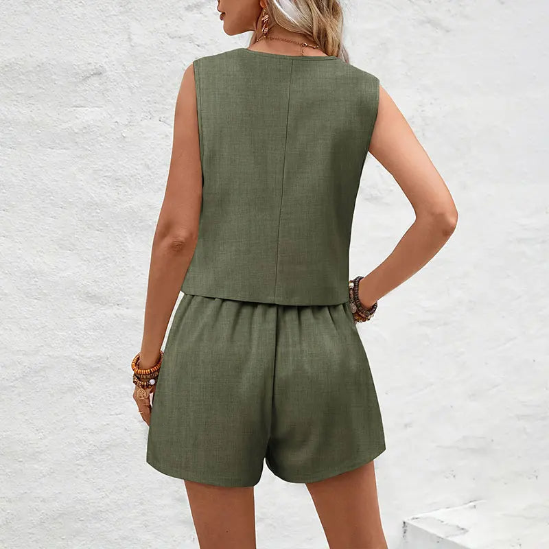 Ensemble femme avec gilet élégant et short taille haute uni - Camila