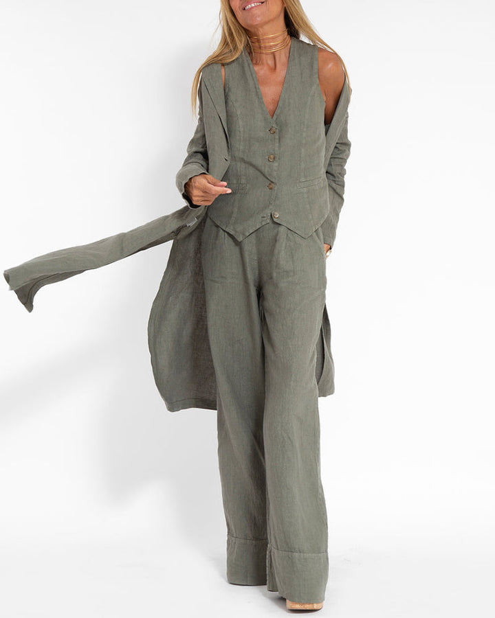 GracefulEase - Simple Elegant Linen Vest and Wide Trousers Set (Ensemble gilet et pantalon large en lin)