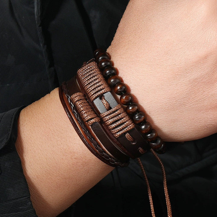 Bracelet homme corde cirée et cuir design tribal 3 pièces - Terrakai