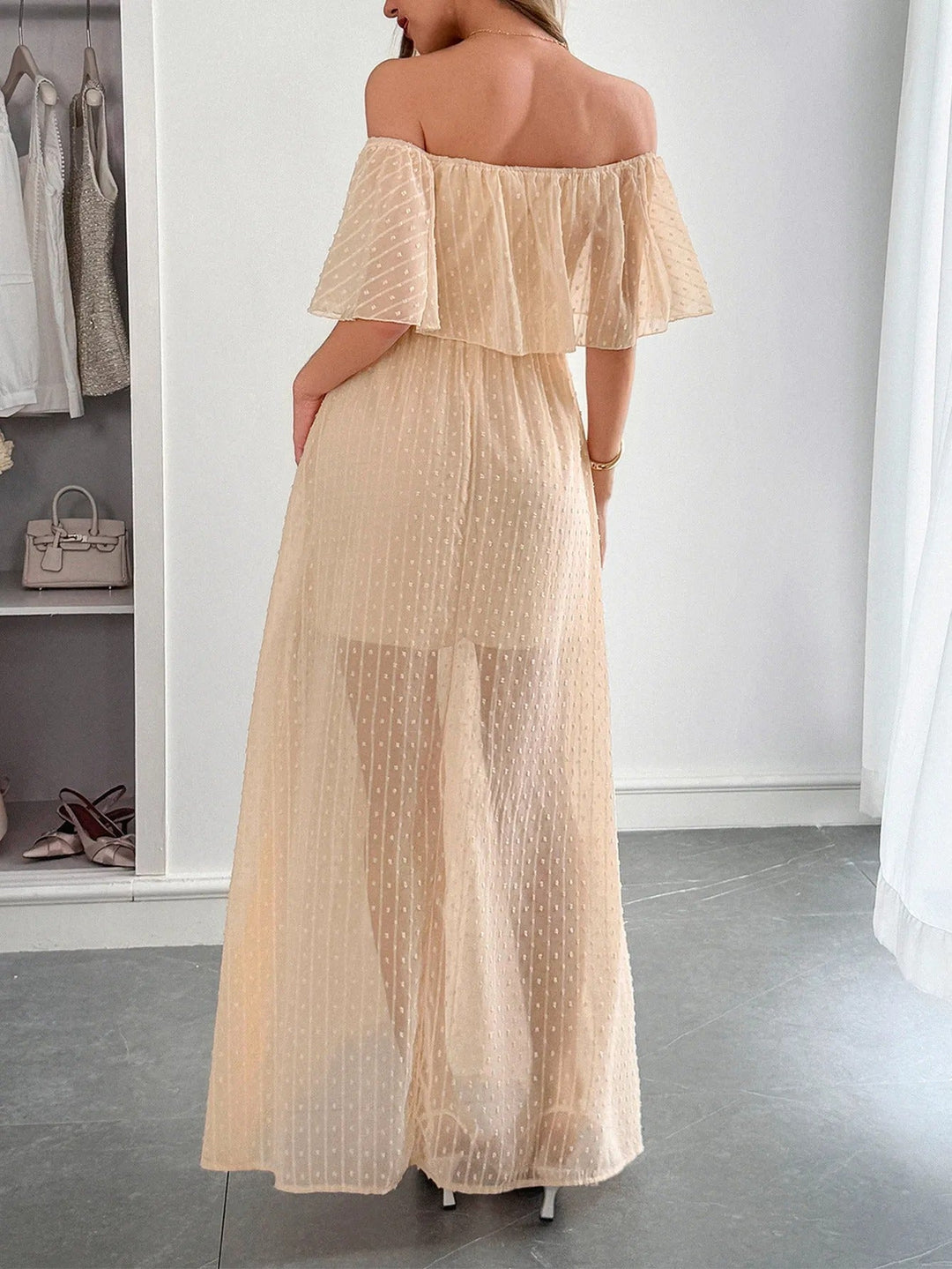 Robe longue femme plumeti mousseline de soie encolure bardot - Julieta