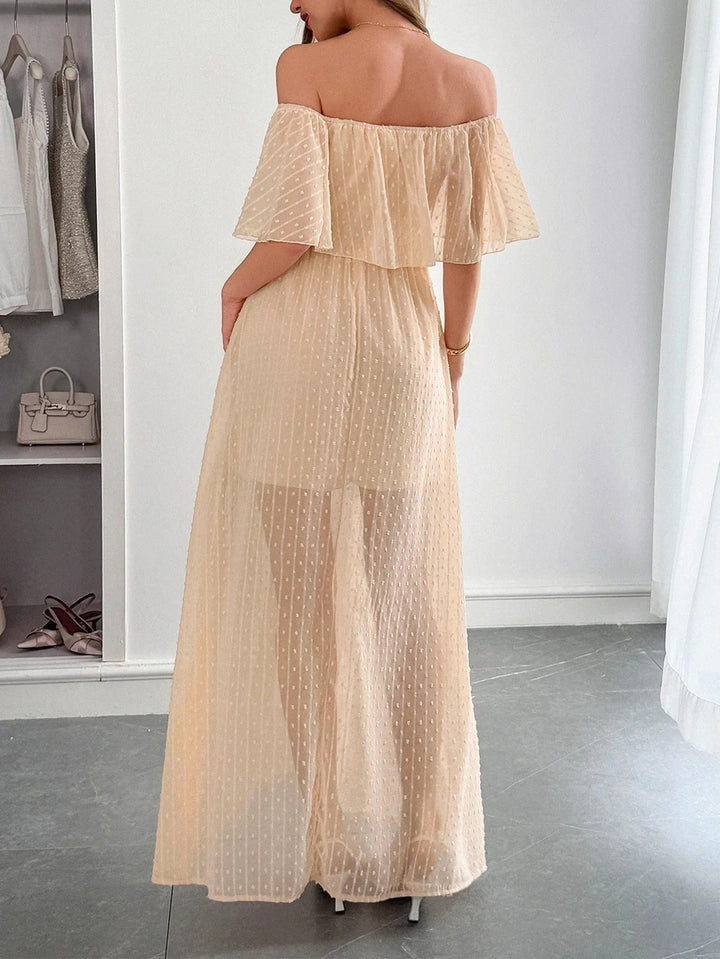 Robe longue femme plumeti mousseline de soie encolure bardot - Julieta
