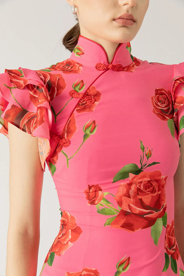 Elena - Robe longue à manches évasées et imprimé floral rose