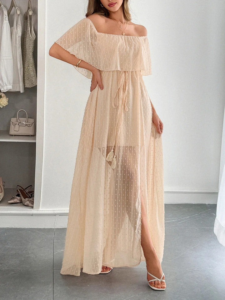 Robe longue femme plumeti mousseline de soie encolure bardot - Julieta