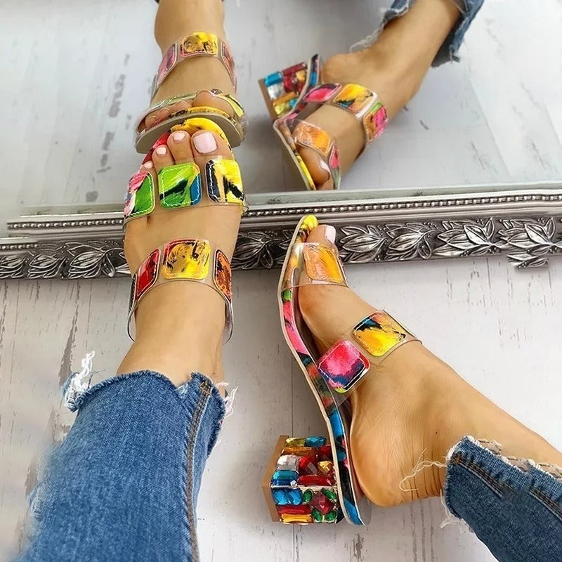 Sandales à talons hauts pour femmes avec design artistique multicolore - Camila