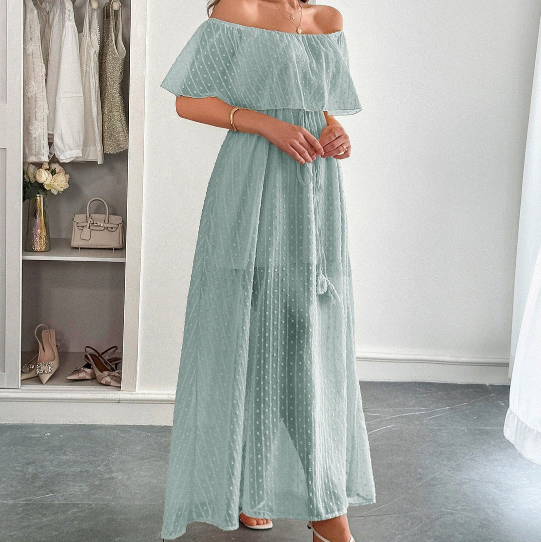 Robe longue pour femme en mousseline de soie plumeti avec encolure bateau fluide - Noelia