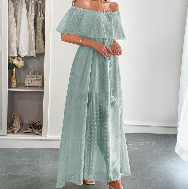 Robe longue pour femme en mousseline de soie plumeti avec encolure bateau fluide - Noelia
