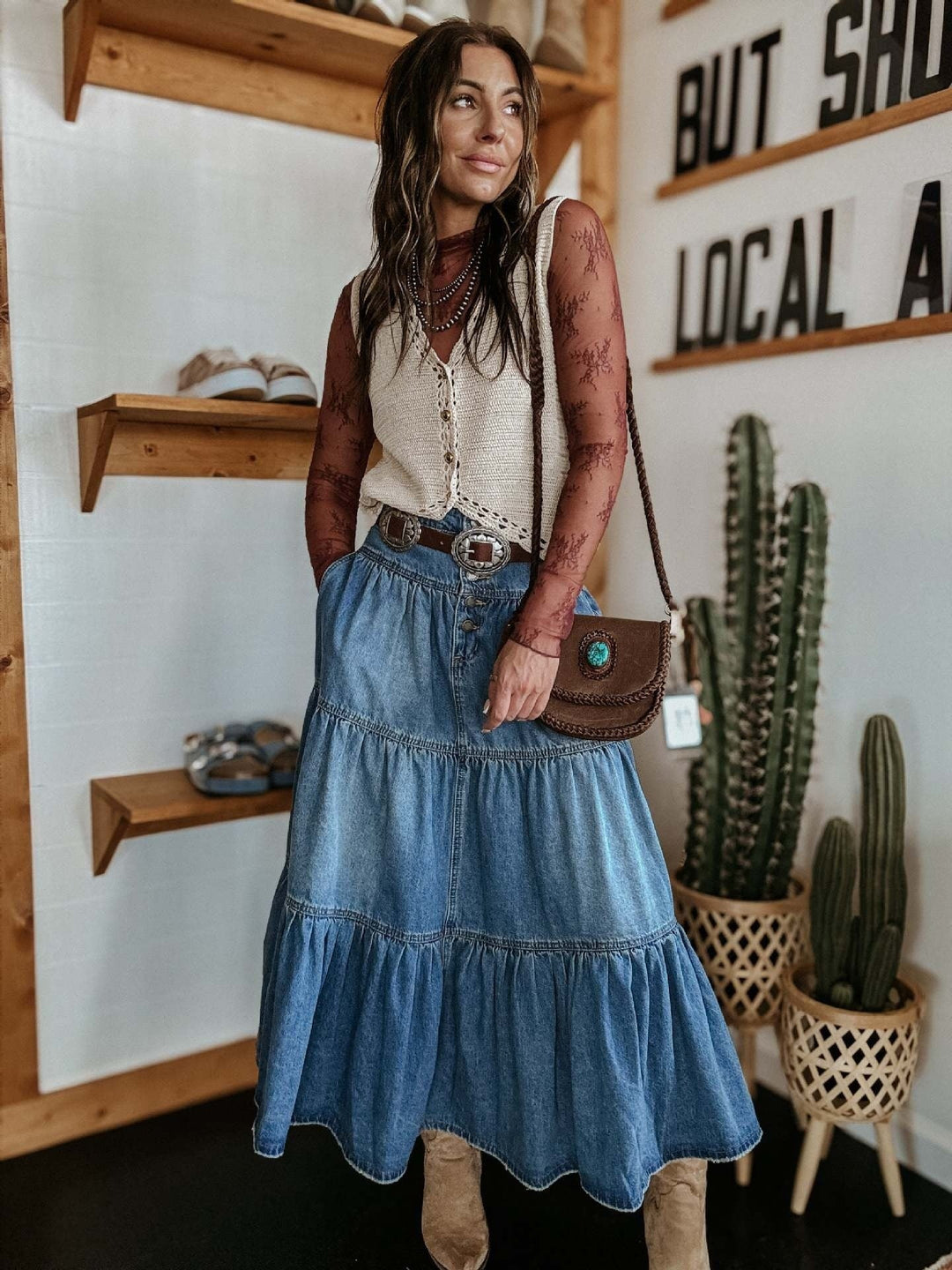 Jupe longue en denim à volants style bohème - Alaya