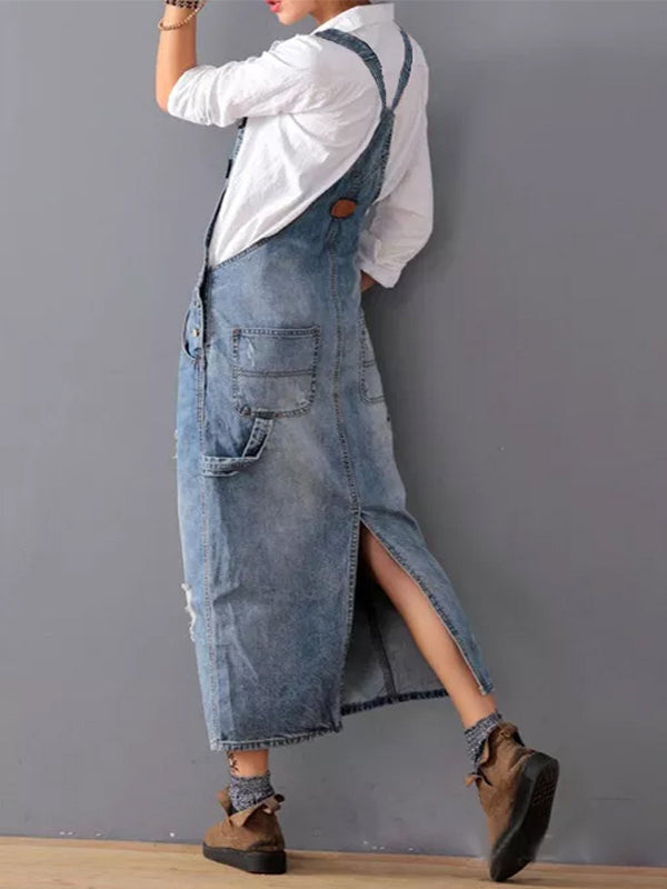 Robe à bavette en jean distressed avec fente dans le dos - Lara