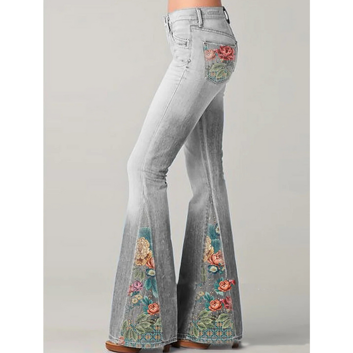 Jeans Vintage Femme - Brodé de Fleurs - Evasé