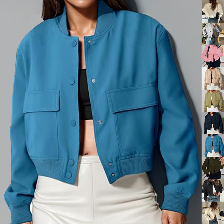 Tara - Veste courte pour femme avec col montant et grandes poches - Coupe ample et décontractée