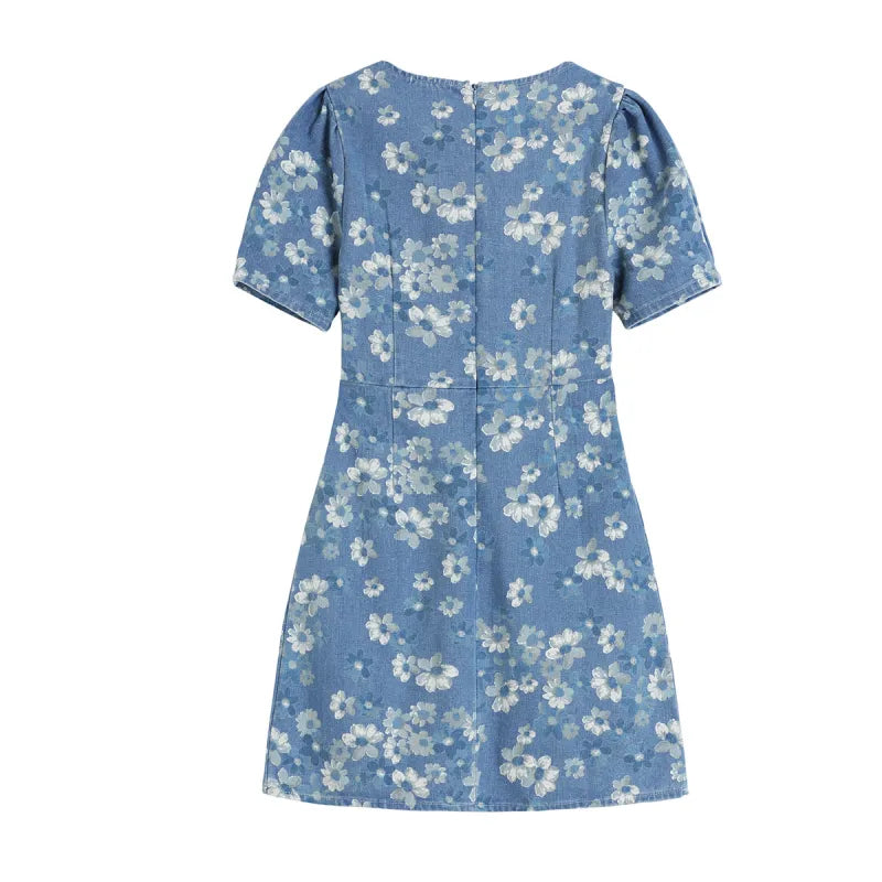 Andrea - Robe en jean bleu à fleurs