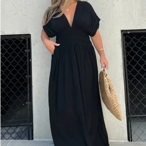 Robe longue à col en V et taille froncée pour femme - Renata