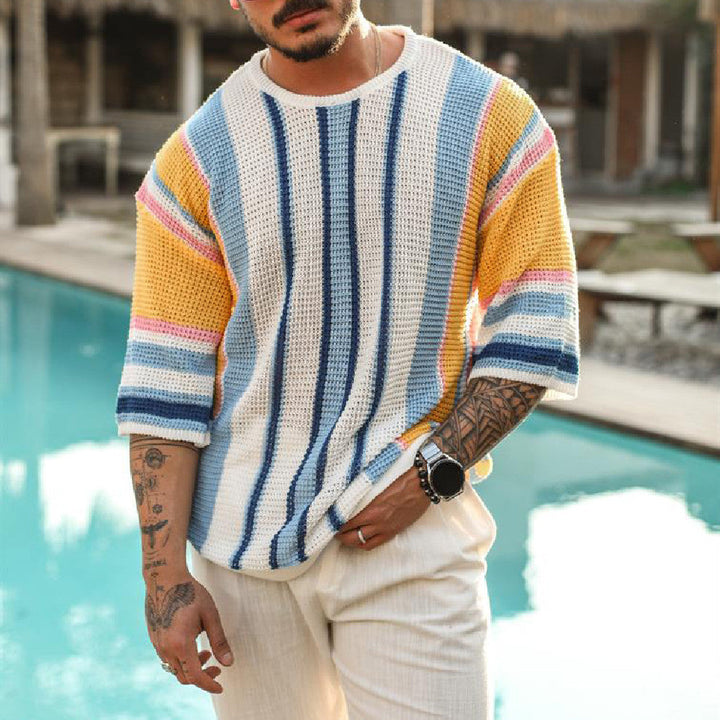 T-shirt en crochet ajouré à rayures multicolores pour hommes - Dorian