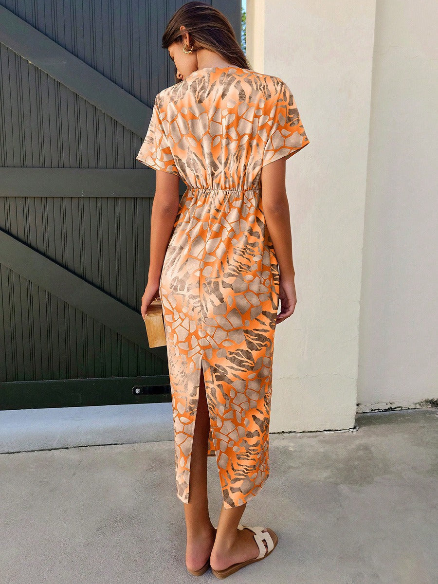 Robe midi pour femmes, imprimé abstrait, décolleté en V - Renata