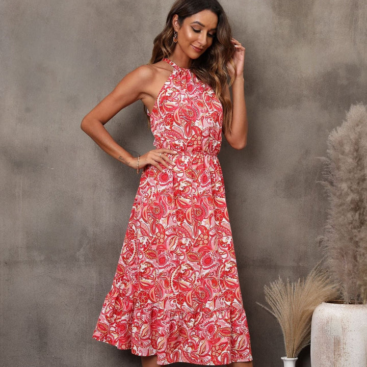 Robe midi pour femme à imprimé floral, sans manches, style dos nu - Mariela