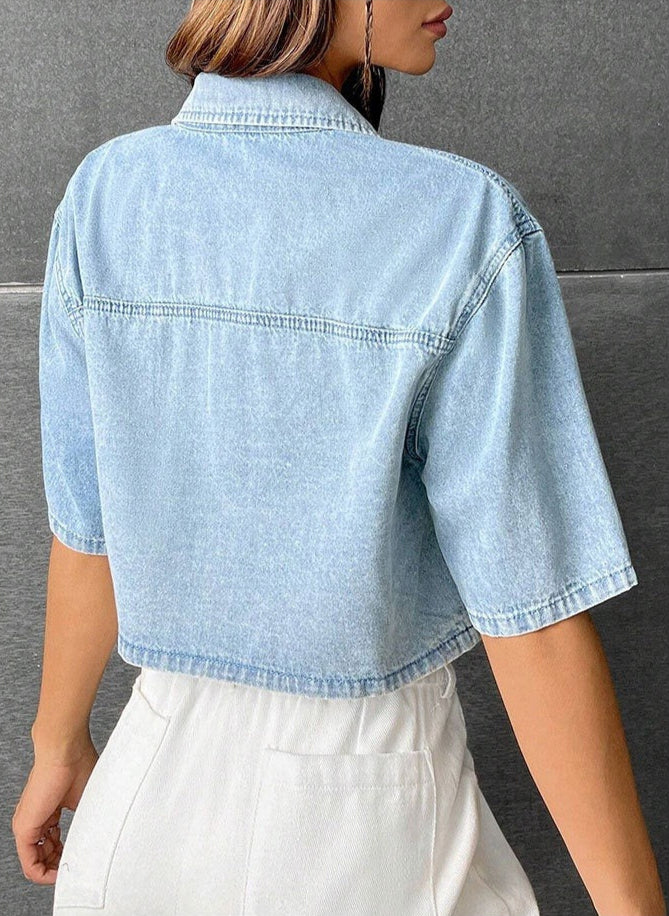 Chemise courte décontractée en denim pour femmes avec poche avant - Emilia