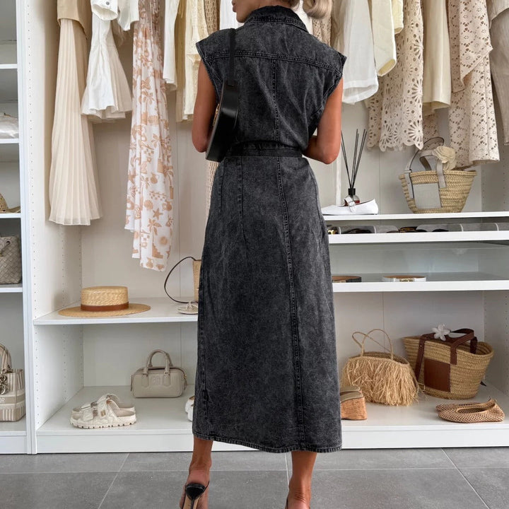 Robe midi femme sans manches en denim avec boutons et ceinture - Estelle