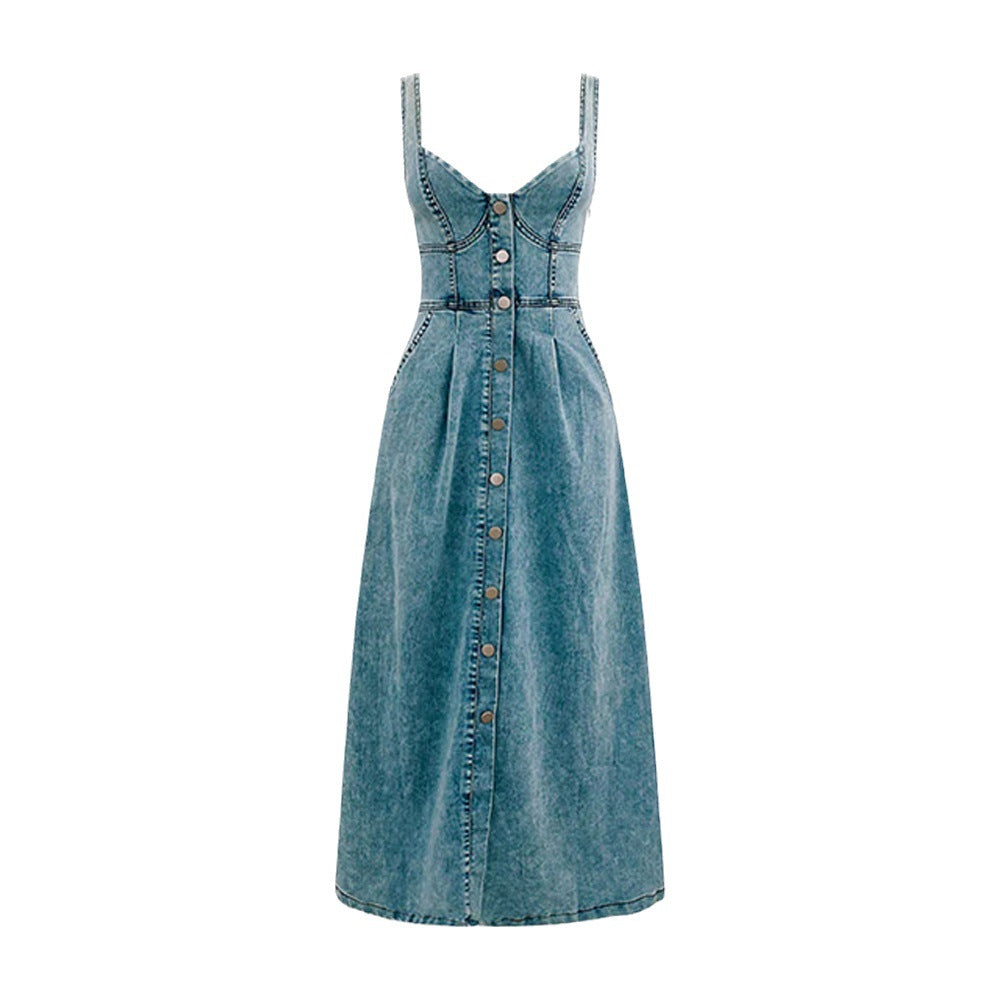 Robe longue pour femme avec bretelles en denim bleu clair avec boutons - Juliette