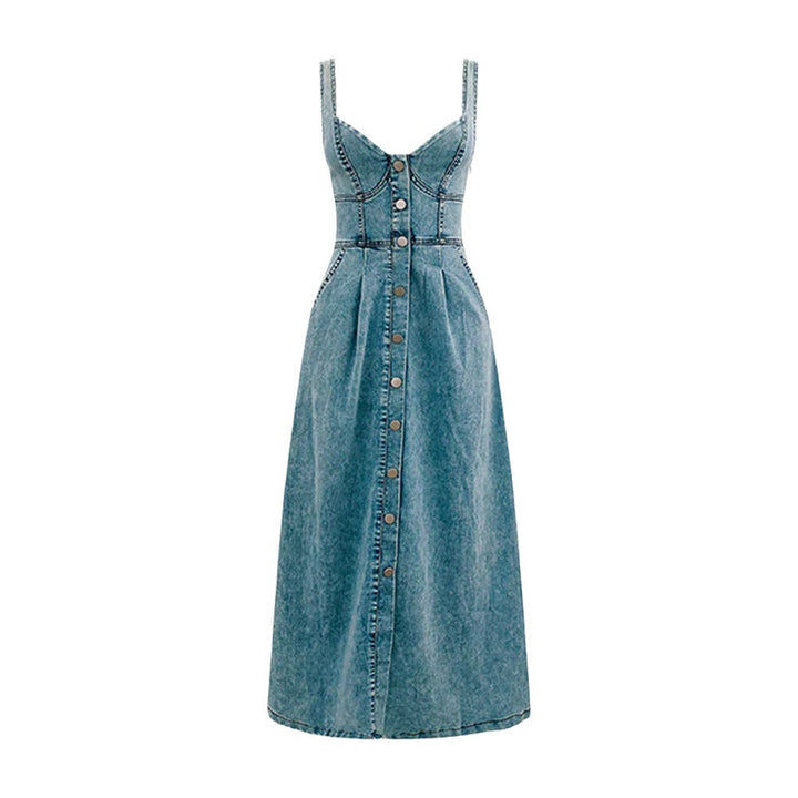Robe longue pour femme avec bretelles en denim bleu clair avec boutons - Juliette