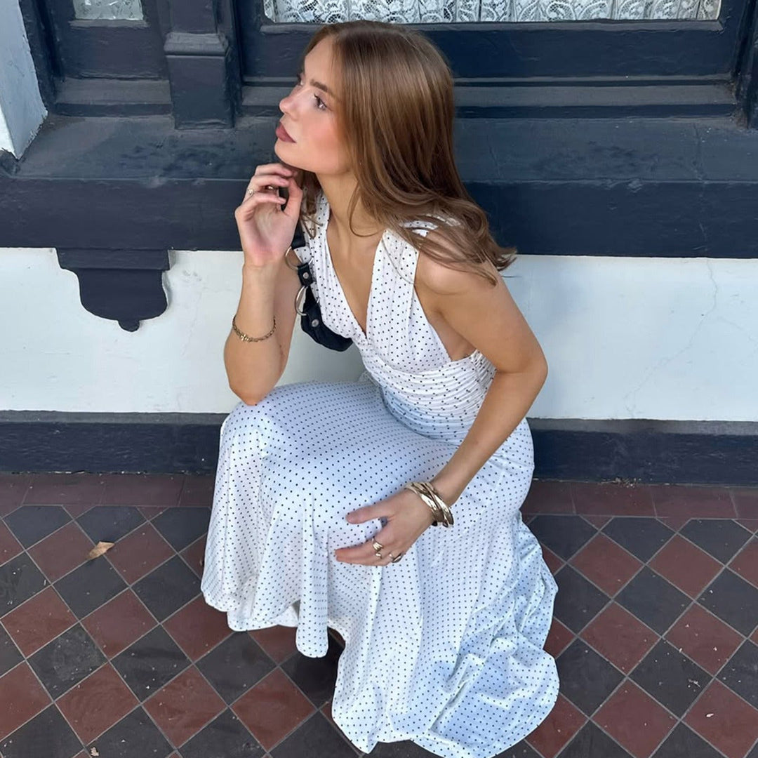Robe longue à encolure croisée pour femme avec imprimé à pois - Helena