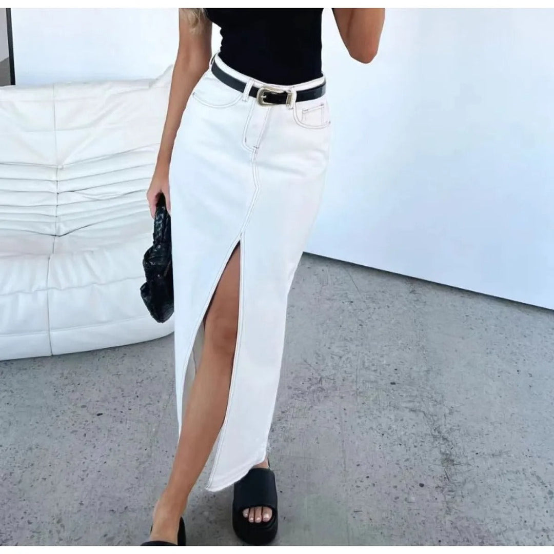 Jupe longue taille haute en denim avec fente au dos - Emilie