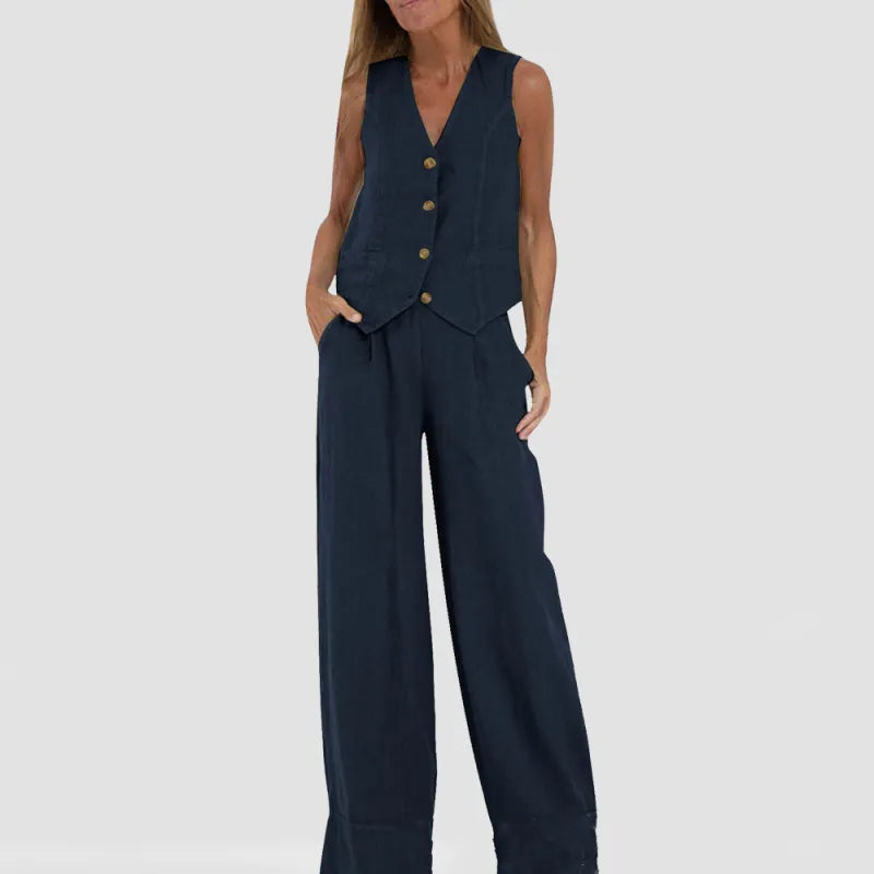 GracefulEase - Simple Elegant Linen Vest and Wide Trousers Set (Ensemble gilet et pantalon large en lin)