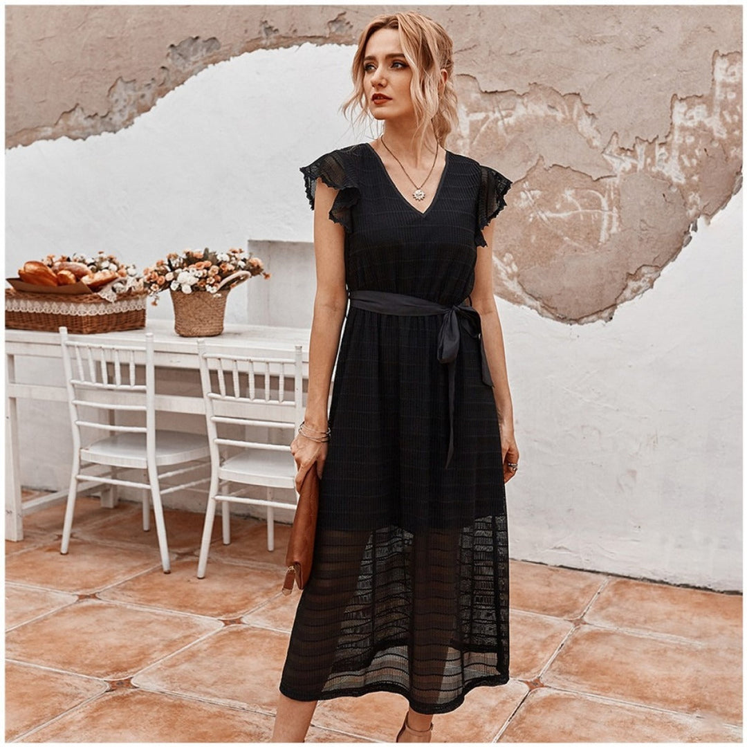Robe midi femme mousseline de soie texturée coupe évasée - Adriana