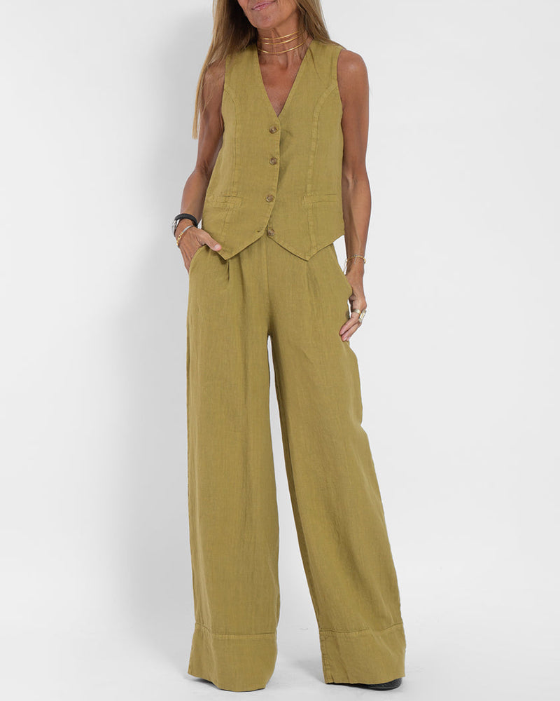 GracefulEase - Simple Elegant Linen Vest and Wide Trousers Set (Ensemble gilet et pantalon large en lin)