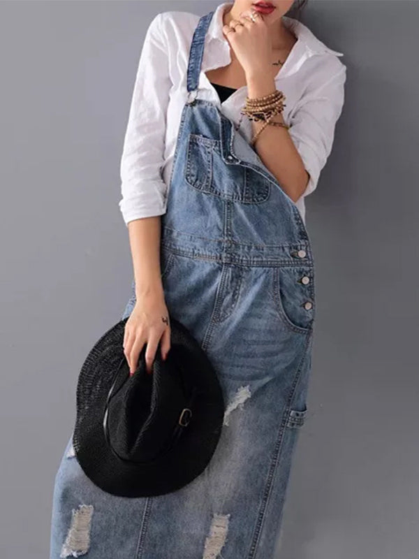 Robe à bavette en jean distressed avec fente dans le dos - Lara