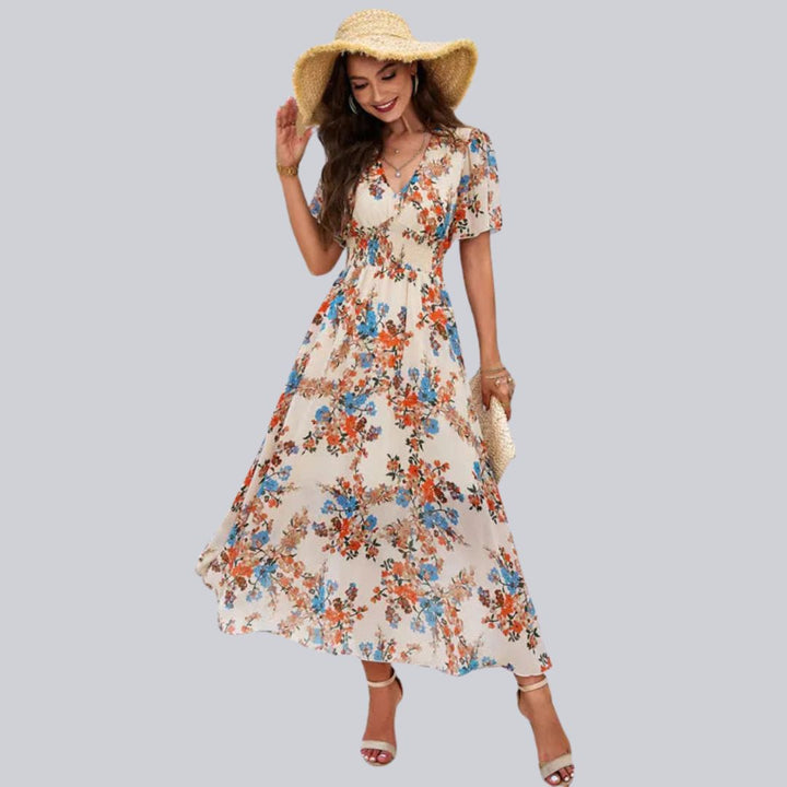 Mareina - Robe midi à col V floral et manches courtes