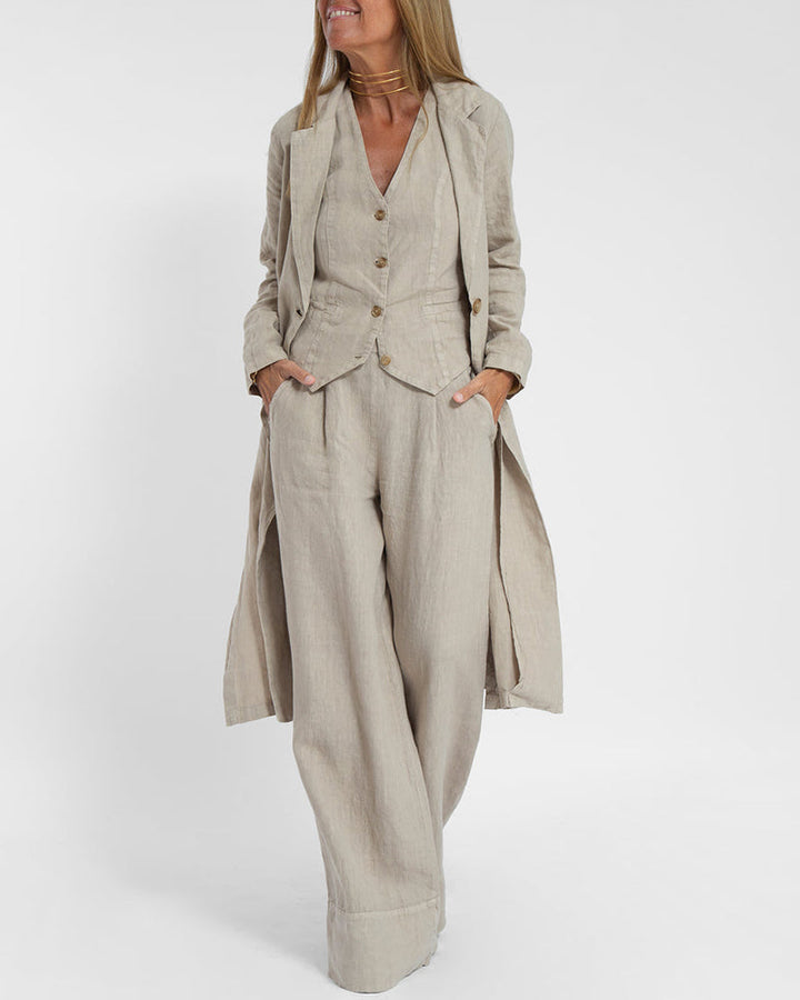 GracefulEase - Simple Elegant Linen Vest and Wide Trousers Set (Ensemble gilet et pantalon large en lin)