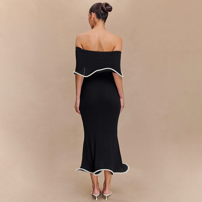Robe longue pour femme avec encolure bardot et volants de style sirène - Camila