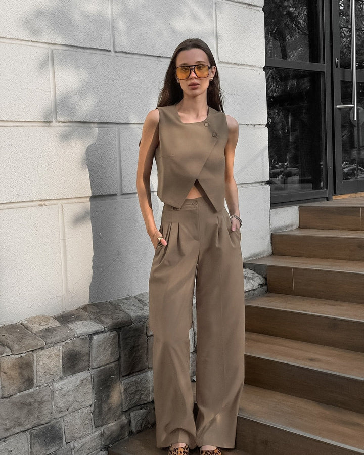 Ensemble sans manches femme - Top structuré + pantalon fluide marron - Siena