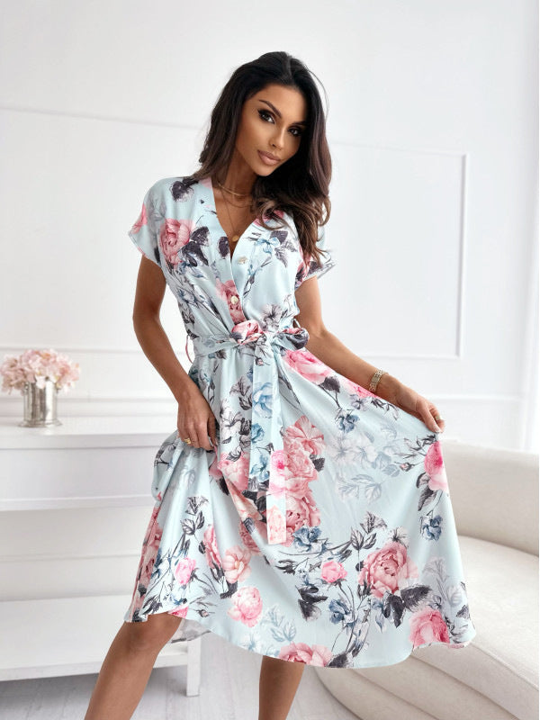 Robe à manches courtes à imprimé floral avec ceinture verte - Mirella