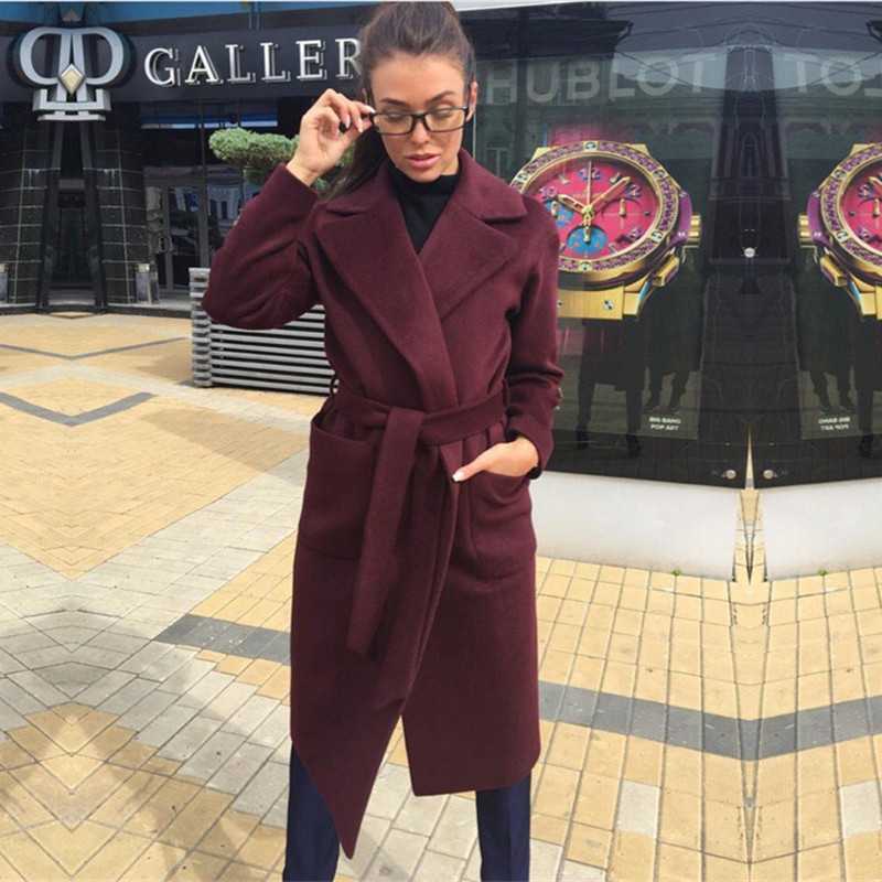 Serena - Manteau en laine pour femme avec revers et ceinture à nouer