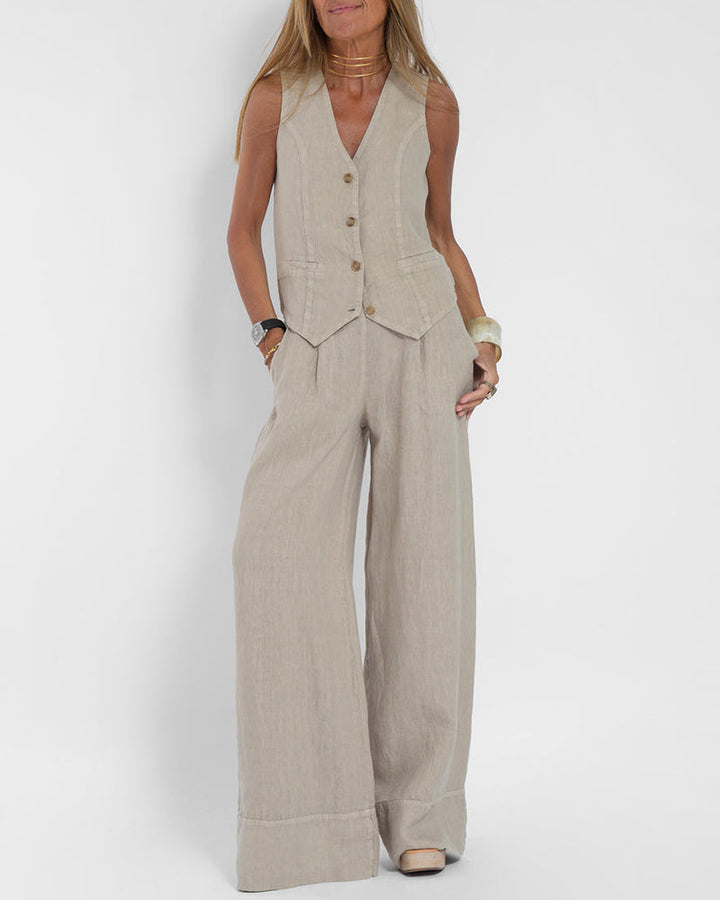 GracefulEase - Simple Elegant Linen Vest and Wide Trousers Set (Ensemble gilet et pantalon large en lin)