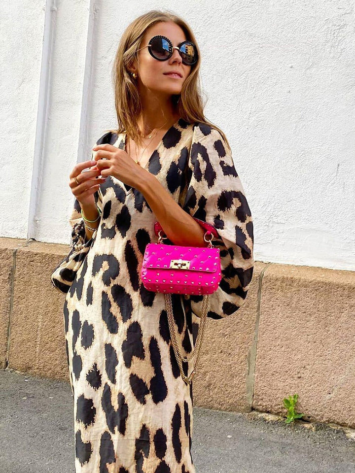 Robe midi à manches bouffantes à imprimé animalier pour femme - Renata