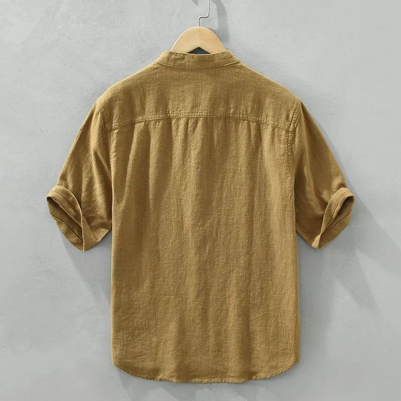 Chemise homme décontractée lin marron col mao - Dario