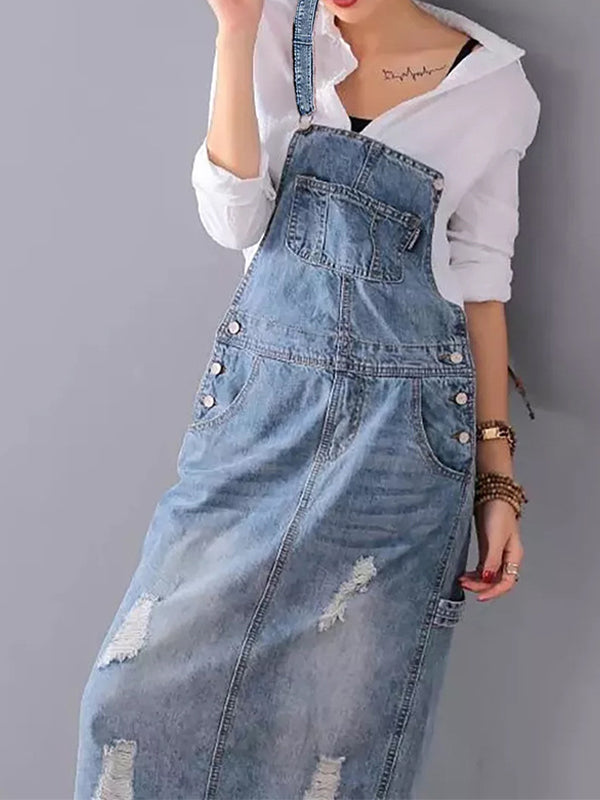 Robe à bavette en jean distressed avec fente dans le dos - Lara