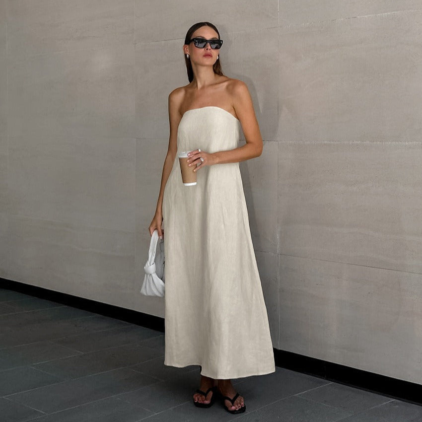 Robe longue femme en lin coton avec encolure bustier - Elodie
