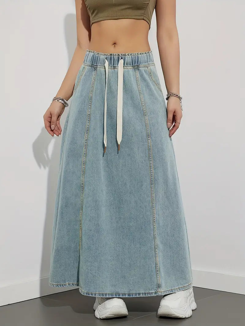 Jupe longue en denim avec cordon de serrage réglable, confortable et polyvalente, parfaite pour un look décontracté et branché