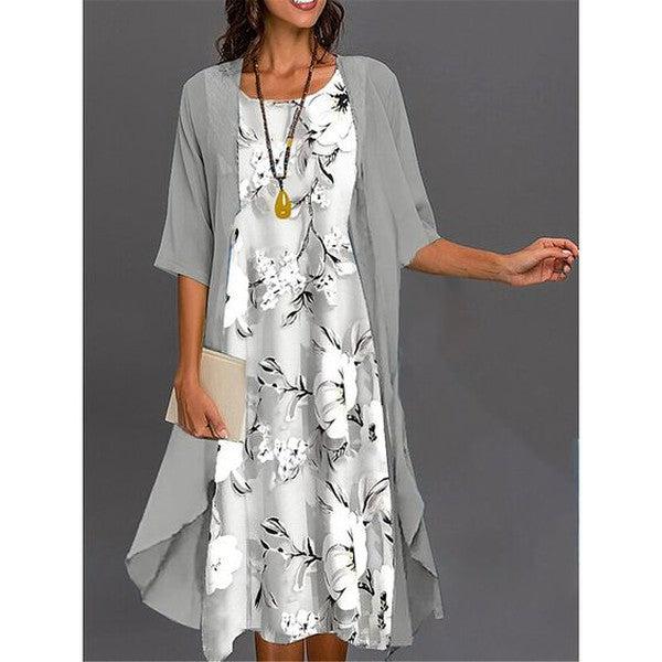 Mila - Robe midi à imprimé gris et vêtements d'extérieur