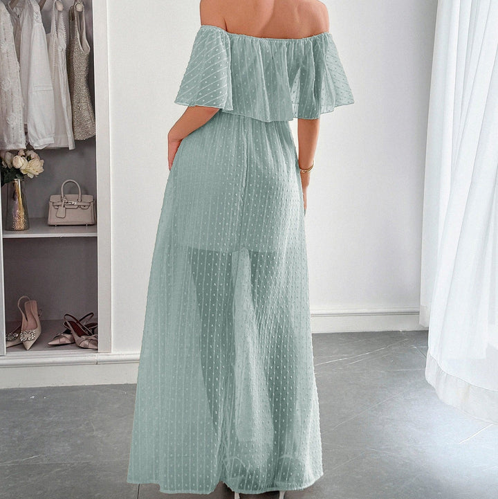 Robe longue pour femme en mousseline de soie plumeti avec encolure bateau fluide - Noelia