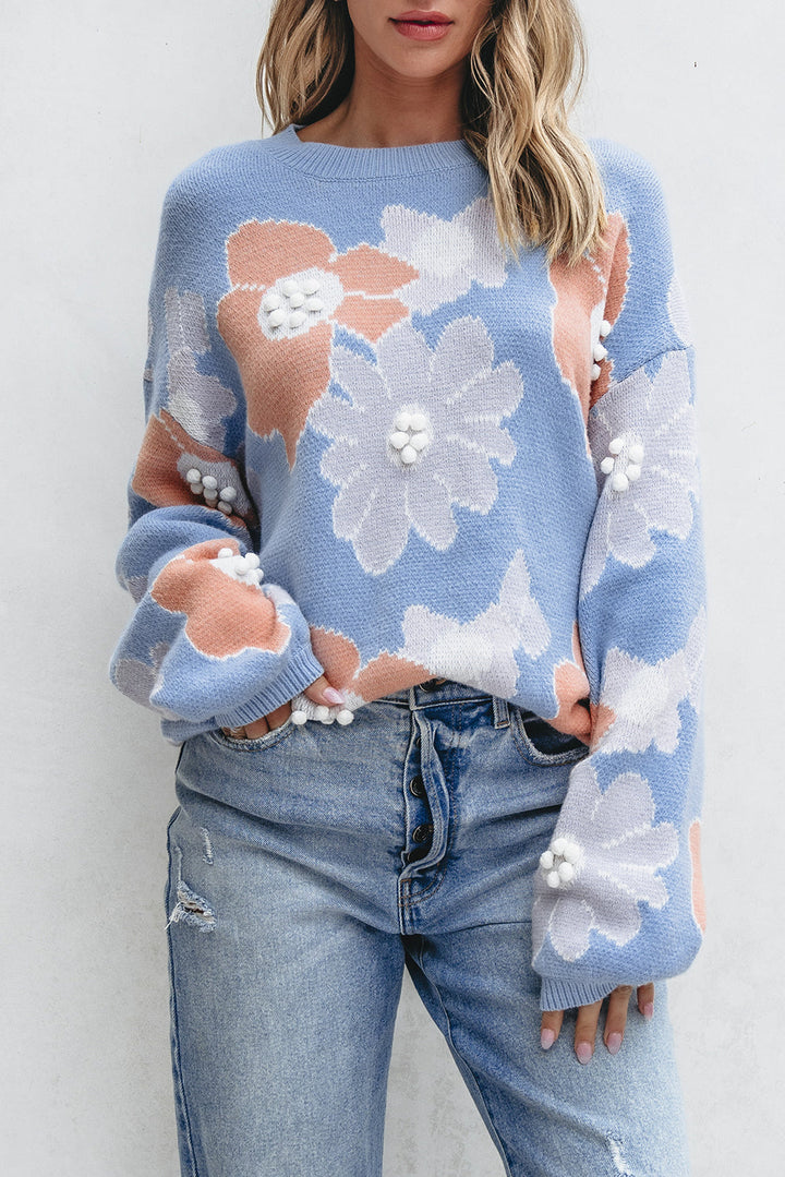 Blanche - Pull Tricoté à Col Rond Floral Bleu avec Épaules Tombantes