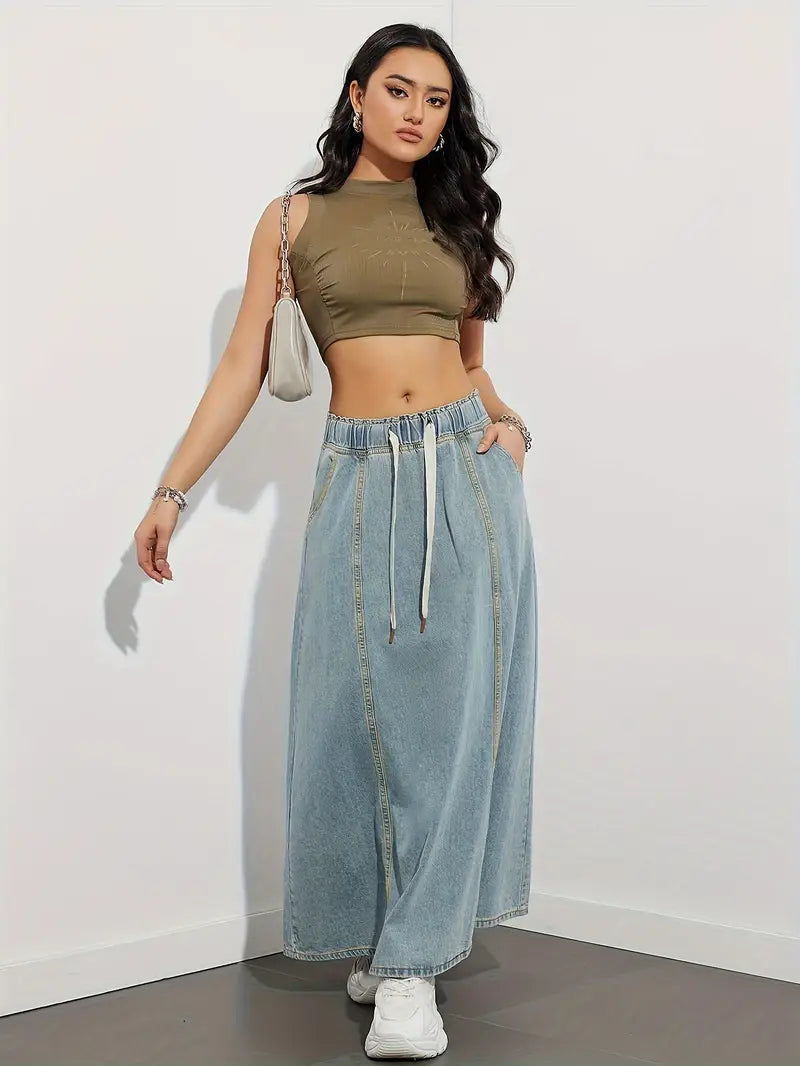 Jupe longue en denim avec cordon de serrage réglable, confortable et polyvalente, parfaite pour un look décontracté et branché