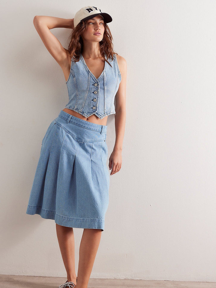 Gilet en denim lavé vintage pour femme - Bleu clair