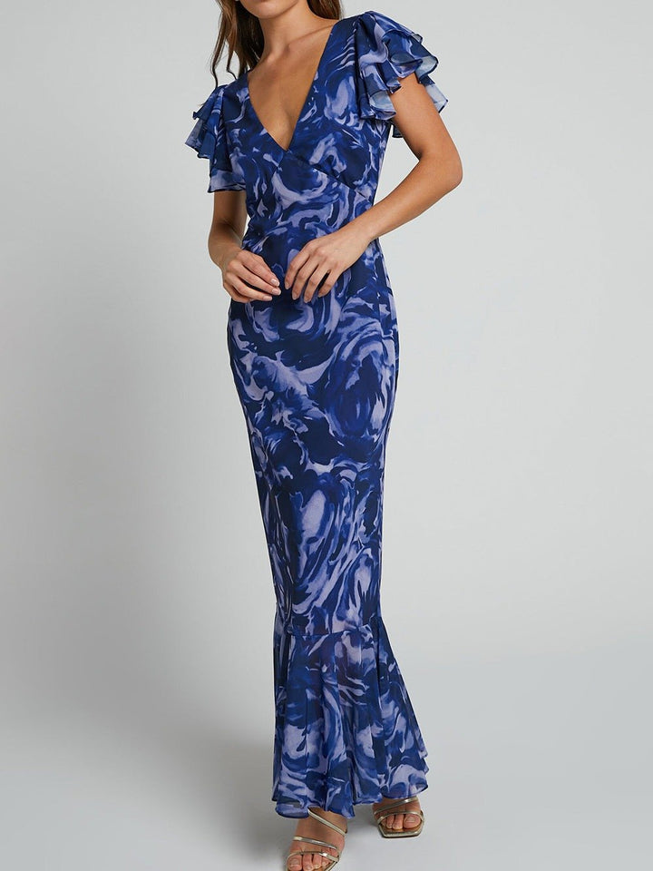 Sarah - Robe longue en mousseline de soie imprimée avec décolleté en V