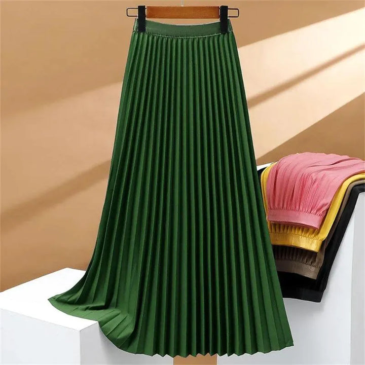 Jupe longue plissée extensible à taille haute, élégante et confortable, parfaite pour un look sophistiqué et féminin.