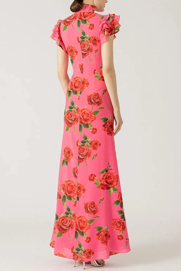Elena - Robe longue à manches évasées et imprimé floral rose